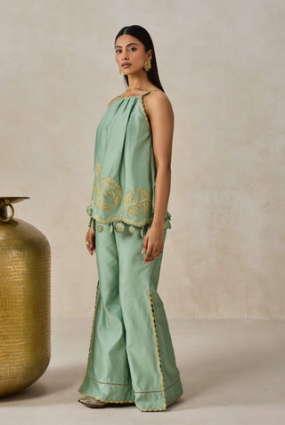 Sage green chanderi appliqué strappy top with palazzo