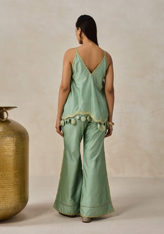 Sage green chanderi appliqué strappy top with palazzo