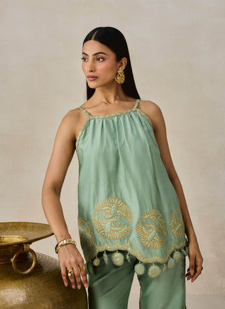 Sage green chanderi appliqué strappy top with palazzo