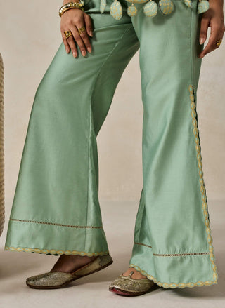 Sage green chanderi appliqué strappy top with palazzo