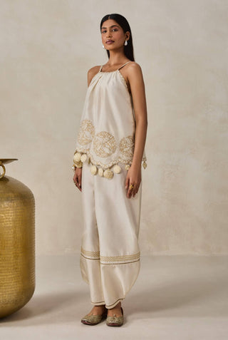 Ivory chanderi appliqué strappy top with palazzo