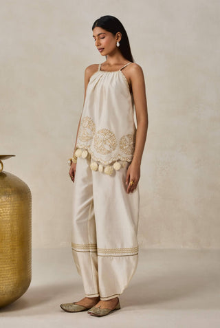 Ivory chanderi appliqué strappy top with palazzo
