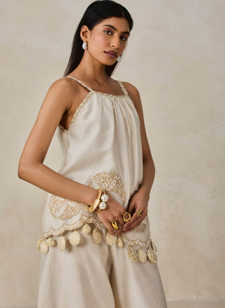 Ivory chanderi appliqué strappy top with palazzo