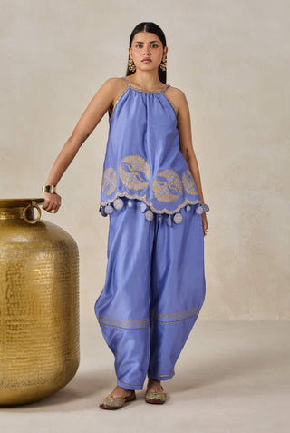 Ink blue chanderi appliqué strappy top with palazzo