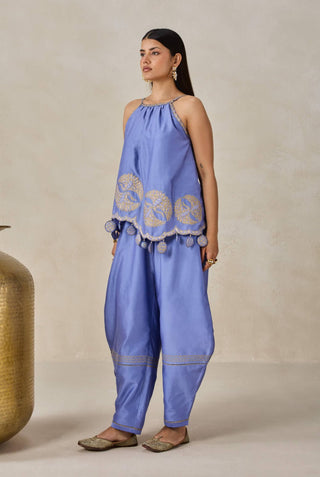 Ink blue chanderi appliqué strappy top with palazzo