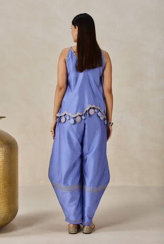 Ink blue chanderi appliqué strappy top with palazzo