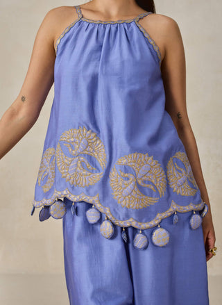 Ink blue chanderi appliqué strappy top with palazzo