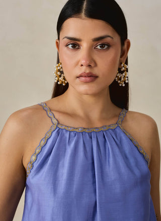 Ink blue chanderi appliqué strappy top with palazzo