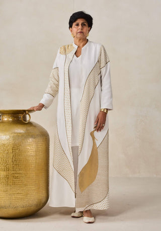 Ivory chanderi long jacket kurta with pants