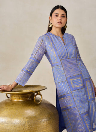 Ink blue gold chanderi patchwork kurta with salwar