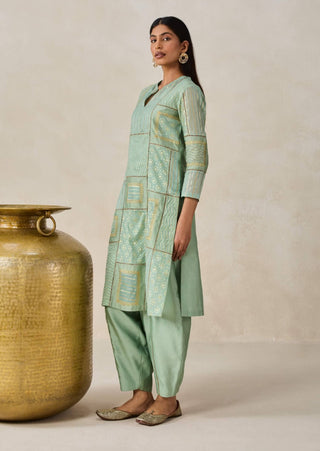 Sage green gold chanderi patchwork kurta with salwar