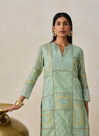 Sage green gold chanderi patchwork kurta with salwar