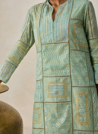 Sage green gold chanderi patchwork kurta with salwar