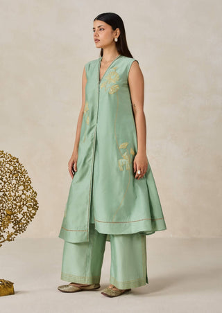 Sage green chanderi appliqué kurta with pants