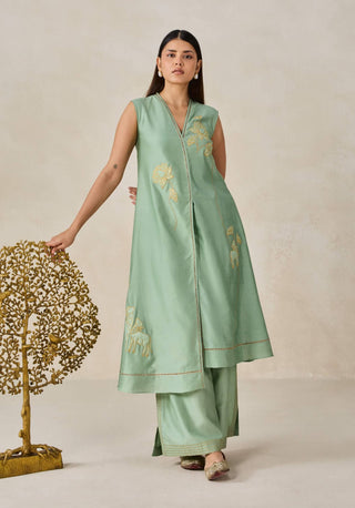 Sage green chanderi appliqué kurta with pants