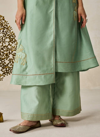 Sage green chanderi appliqué kurta with pants
