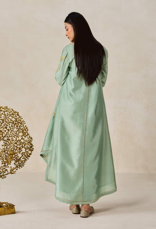 Sage green chanderi jacket style kurta with pants