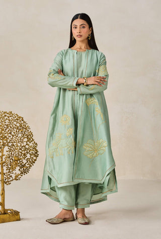 Sage green chanderi jacket style kurta with pants