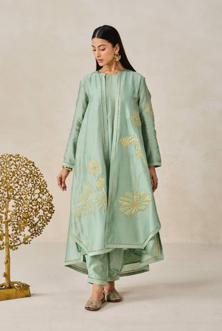 Sage green chanderi jacket style kurta with pants