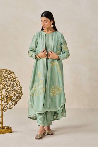 Sage green chanderi jacket style kurta with pants