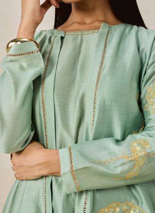 Sage green chanderi jacket style kurta with pants