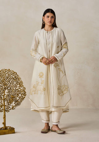 Ivory chanderi jacket style kurta with pants