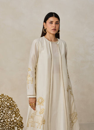 Ivory chanderi jacket style kurta with pants