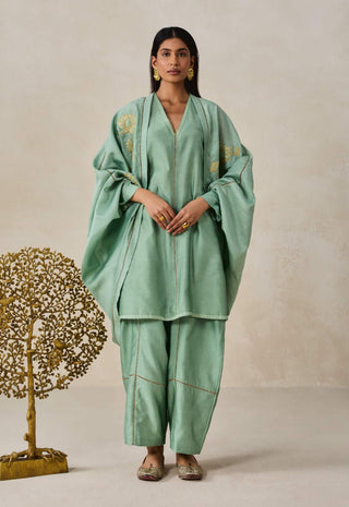 Sage green chanderi jacket style kurta with salwar