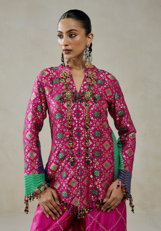 Fuchsia patola silk short jacket with salwar