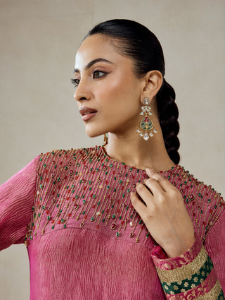 Rose pink crinkle tissue kurta with salwar