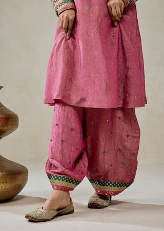 Rose pink crinkle tissue kurta with salwar