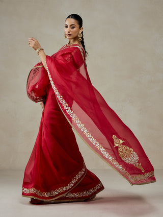 Red organza sari with brocade blouse