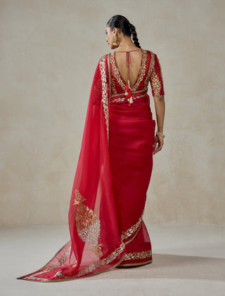 Red organza sari with brocade blouse