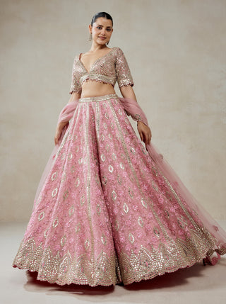 Pink organza mirror work lehenga