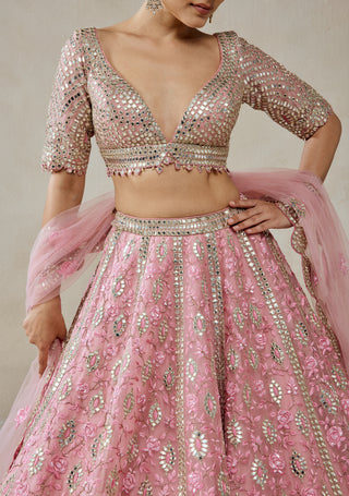 Pink organza mirror work lehenga