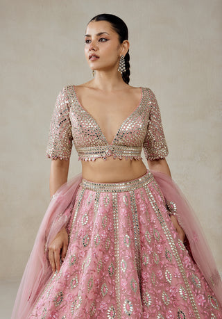 Pink organza mirror work lehenga