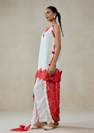 White georgette red lace kurta set
