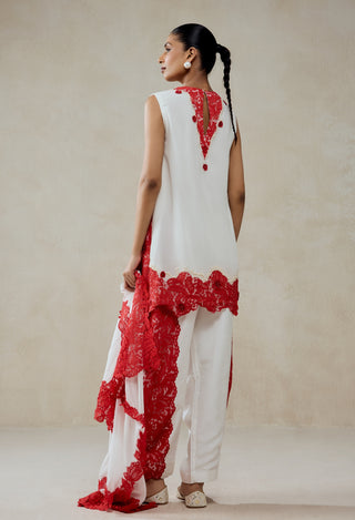 White georgette red lace kurta set
