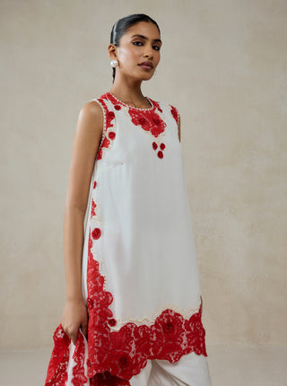 White georgette red lace kurta set