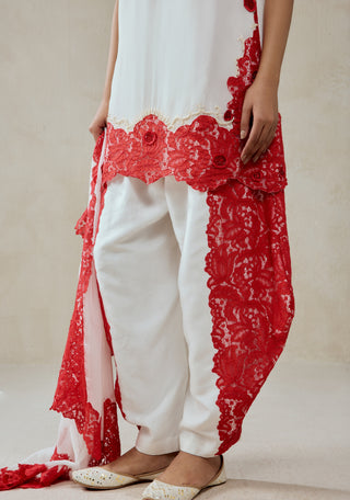 White georgette red lace kurta set