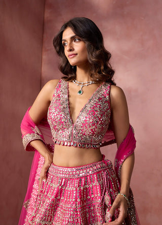 Fuchsia pink taffeta lehenga set
