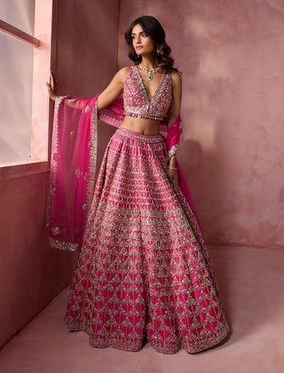 Fuchsia pink taffeta lehenga set