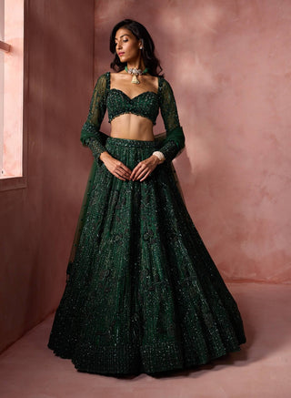 Bottle green net lehenga set
