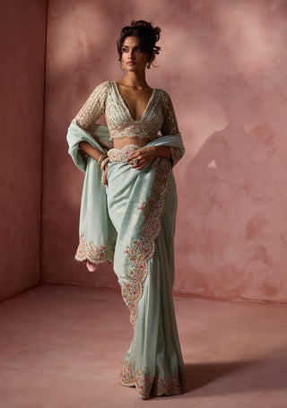 Aqua lurex georgette sari set