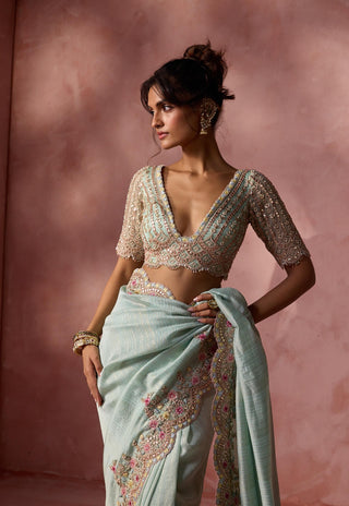 Aqua lurex georgette sari set