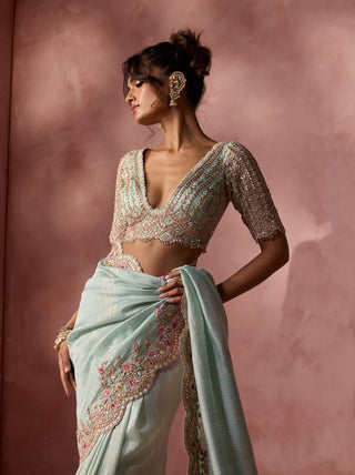 Aqua lurex georgette sari set