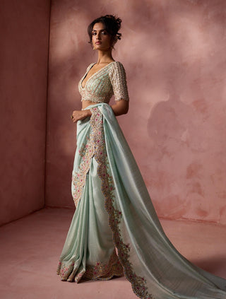 Aqua lurex georgette sari set