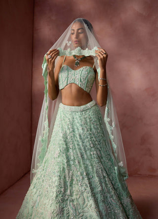 Mint green net lehenga set 