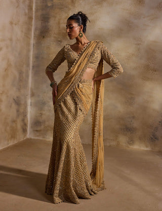 Gold net draped lehenga sari and blouse