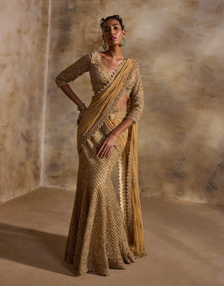 Gold net draped lehenga sari and blouse